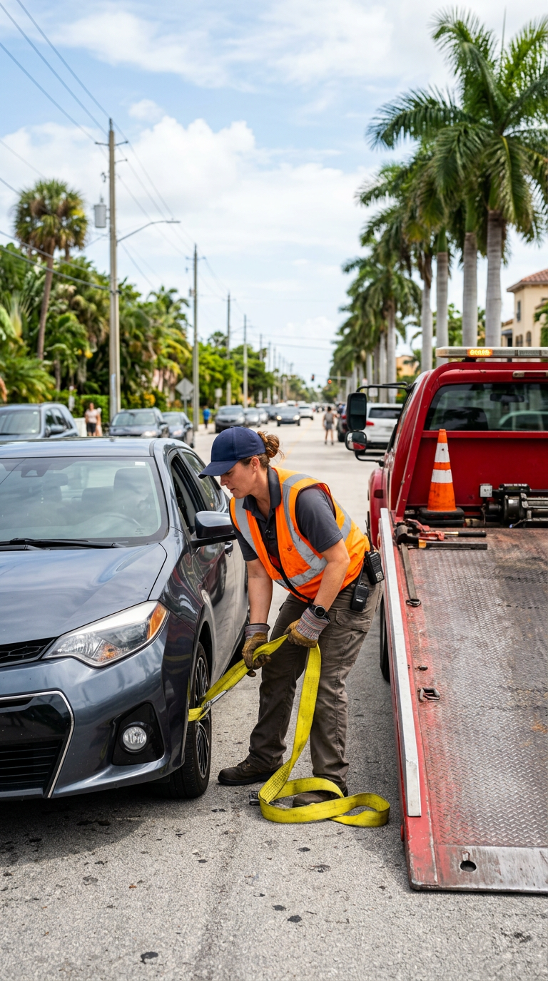 A 954 Road Rescue operator securing a car onto a flatbed tow truck in Broward County